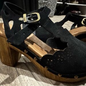 Eric Michael Black Suede Clogs with Wooden Heel